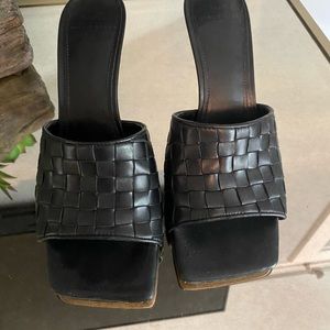 Marc Fisher woven black square toe mules.